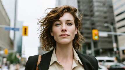 Confident woman in urban setting, embodying empowerment and modern fashion.