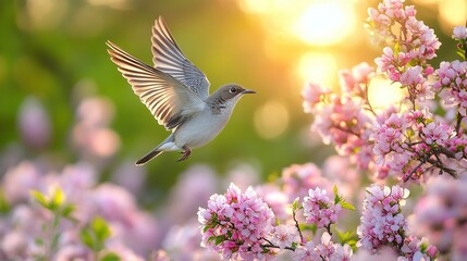 Bird flying sunset blossom garden spring