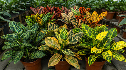 Obraz premium Vibrant potted plants with variegated leaves in various shades of red, orange, yellow, and green. A display of healthy houseplants in a greenhouse setting
