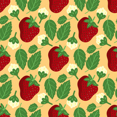 Soft Green Leaves Seamless Pattern Vector Illustration with sweet red strawberries