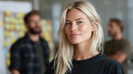 Confident young woman smiling in a modern workspace with colleagues in the background.