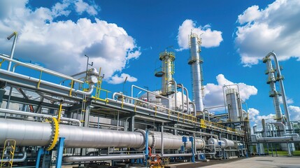 Industrial natural gas processing plant with towering storage tanks, pipelines, and compression units under a clear sky