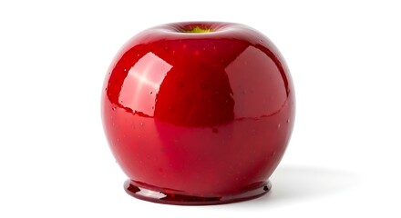 A shiny red candy apple sitting on a white surface in a studio setting