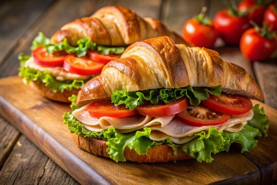 Two sandwiches with lettuce, tomatoes, and ham on a wooden board
