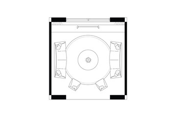 Circular Seating Area Floor Plan. Vector Black Lines on White Background. 6