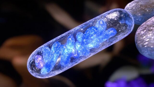 Close-Up View of Transparent Gel Capsules with Blue Swirling Patterns Against a Dark Background
