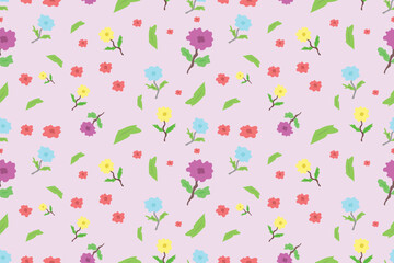Colorful floral pattern with red, blue, yellow, and purple flowers on a soft pink background. Playful and vibrant design, perfect for children’s products, prints, stationery, or digital paper.