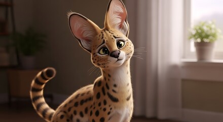Fototapeta premium A stylized serval cat with large ears looking up in a bright indoor setting