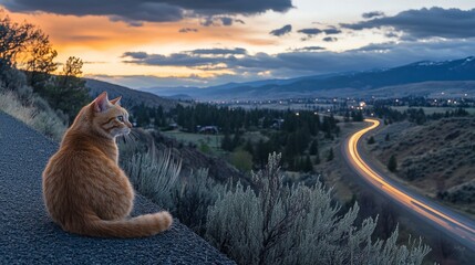 Orange cat sits on roadside wall watching sunset over valley highway.