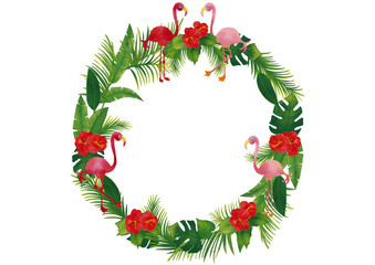 水彩風　フラミンゴとトロピカル熱帯植物の飾りセット リースフレーム2 Summer Tropical Series:Watercolor Tropicall Frame with Leaves,Birds,Hibiscus