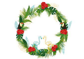 水彩風　フラミンゴとオオハシとトロピカル熱帯植物の飾りセット リースフレーム2 Summer Tropical Series:Watercolor Tropicall Frame with Leaves,Birds,Hibiscus © kanichi