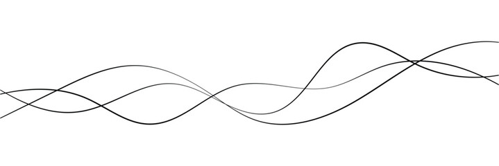 Curved black long lines on white, Wavy line horizontal divider outline minimalist background. Abstract black lines wave curve motion on white background in eps 10.