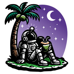 astronaut in a space suit sits in the grass under a palm tree