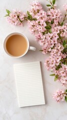 A cozy morning scene with tea, a notepad, and blooming Sakura flowers on a marble table.