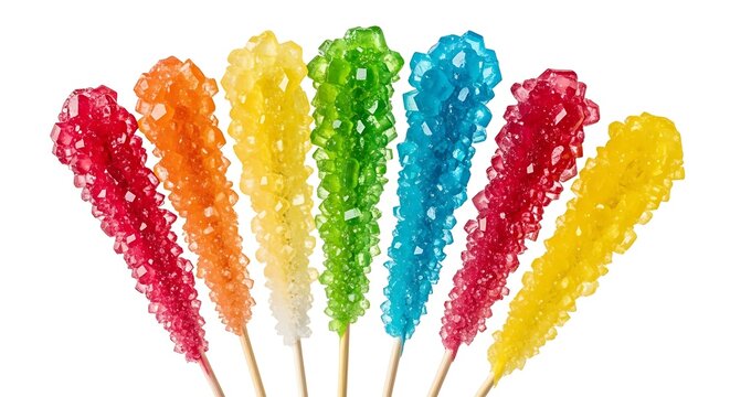 Arrangement of colorful rock candy sticks on wooden dowels against white backdrop