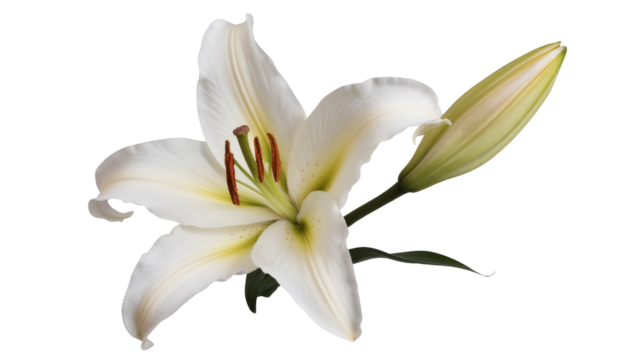 white lily blossom with bud isolated on white background.