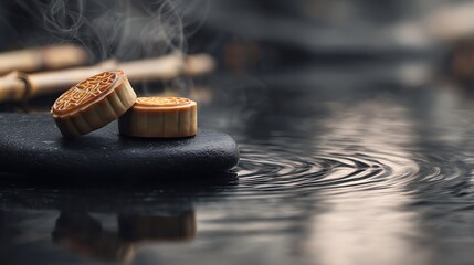 Two Traditional Mooncakes on Stones, Tranquil Scene