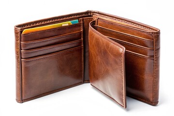 A brown leather wallet with a blue and yellow card inside