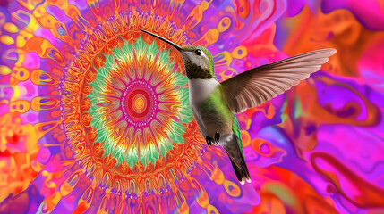 Vibrant hummingbird in flight, centered within a kaleidoscopic floral mandala.  Colorful design, swirling patterns, and bright colors create a surreal and mesmerizing effect