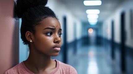 Pensive teenage girl leaning against a wall in a hallway, looking thoughtful and concerned.