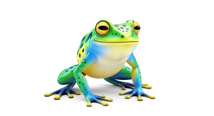 Obraz premium A cartoon frog with green and blue skin sitting on a white background alone