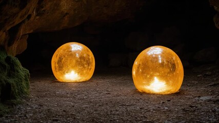 Luminous Spheres in Cave: Captivating image of two glowing orbs emitting a warm, ethereal light in the depths of a mysterious cave. - Powered by Adobe