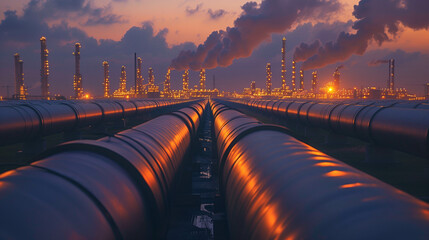 Industrial oil pipelines leading to refinery complex with smoke and sunset sky in background