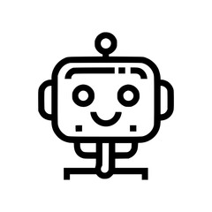 Fototapeta premium A simple, smiling robot icon with a square head, round eyes, and a small antenna on top.