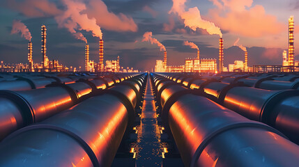 Industrial oil pipelines leading to refinery complex with smoke and sunset sky in background