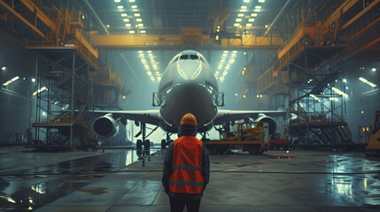 Aviation engineer inspecting aircraft in industrial hangar under dramatic lighting conditions