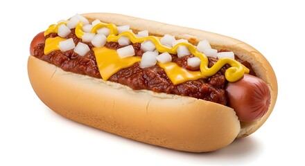 A close up shot of a hotdog with chili cheese mustard and diced onions on top