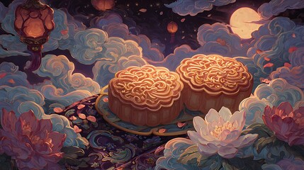 Obraz premium Two Beautiful Mooncakes in a Night Sky Scene