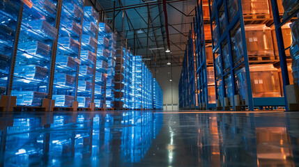Futuristic high-tech warehouse interior with glowing blue and orange illuminated storage racks