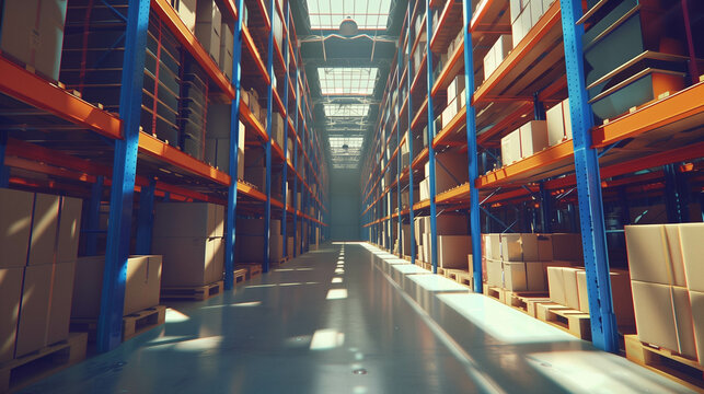 Spacious modern warehouse interior with tall shelves and stacked cardboard boxes