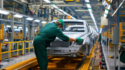 Factory worker assembling car frame on automated automotive production line