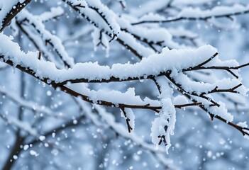 Heavy, wet snowflakes accumulating rapidly on branches,  texture,  winter