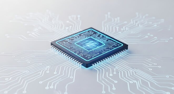 Close up of a microchip with glowing blue circuits on a white background