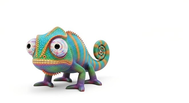 A colorful cartoon chameleon with large eyes on a plain white background