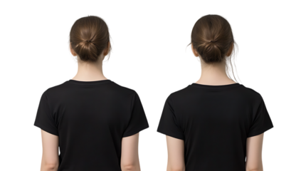 Identical women in black t shirts, back view. Perfect for mockup.