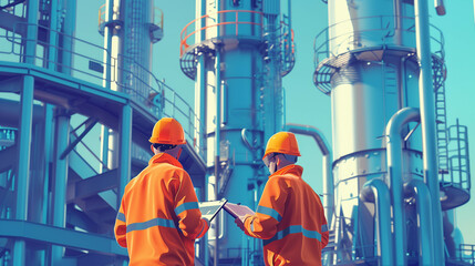 Oil and Gas Engineers Inspecting Refinery Equipment Outdoors
