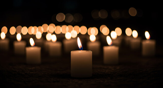 White Candle Burning in Darkness – Night Mood with Soft Flame Glow in Foreground Focus