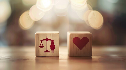 Wooden Cubes Depicting Justice and Love Icons on Blurred Background