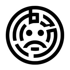 A black and white circular maze with a sad face design.