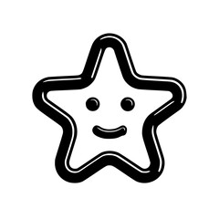 A simple black and white cartoon illustration of a smiling star with rounded edges.