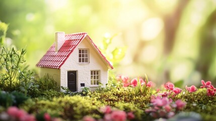 A miniature model house with a red roof and white walls, surrounded by greenery and pink flowers, set against a blurred green background with sunlight filtering through.