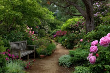 Serene garden path with wooden bench and roses