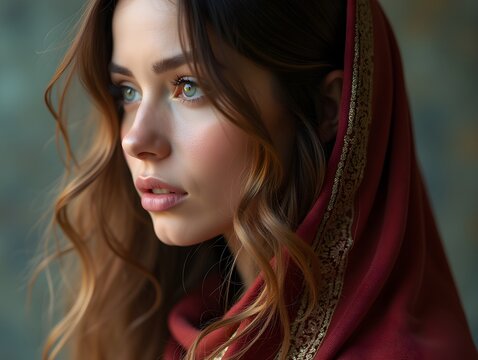 a woman with long hair wearing a shawl generative ai