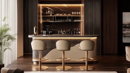 World Bartender Day 24 February, World Cocktail Day 13 May, Modern Dark Kitchen Interior Design with Brick Wall and Warm Lighting
