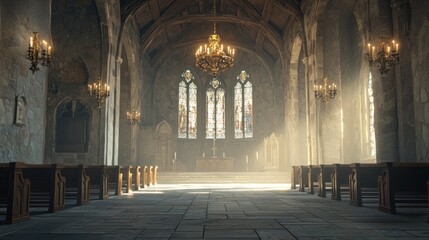 Obraz premium A grand, dimly lit cathedral interior with stained glass windows and ornate chandeliers, illuminated by soft
