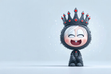 Adorable cartoon character in spiky black outfit and jeweled crown, smiling happily in a minimalist fantasy setting